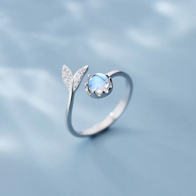 New Fashion Fishtail Crystal Mermaid Tears 925 Sterling Silver Temperament Fish Animal Opening Rings R016