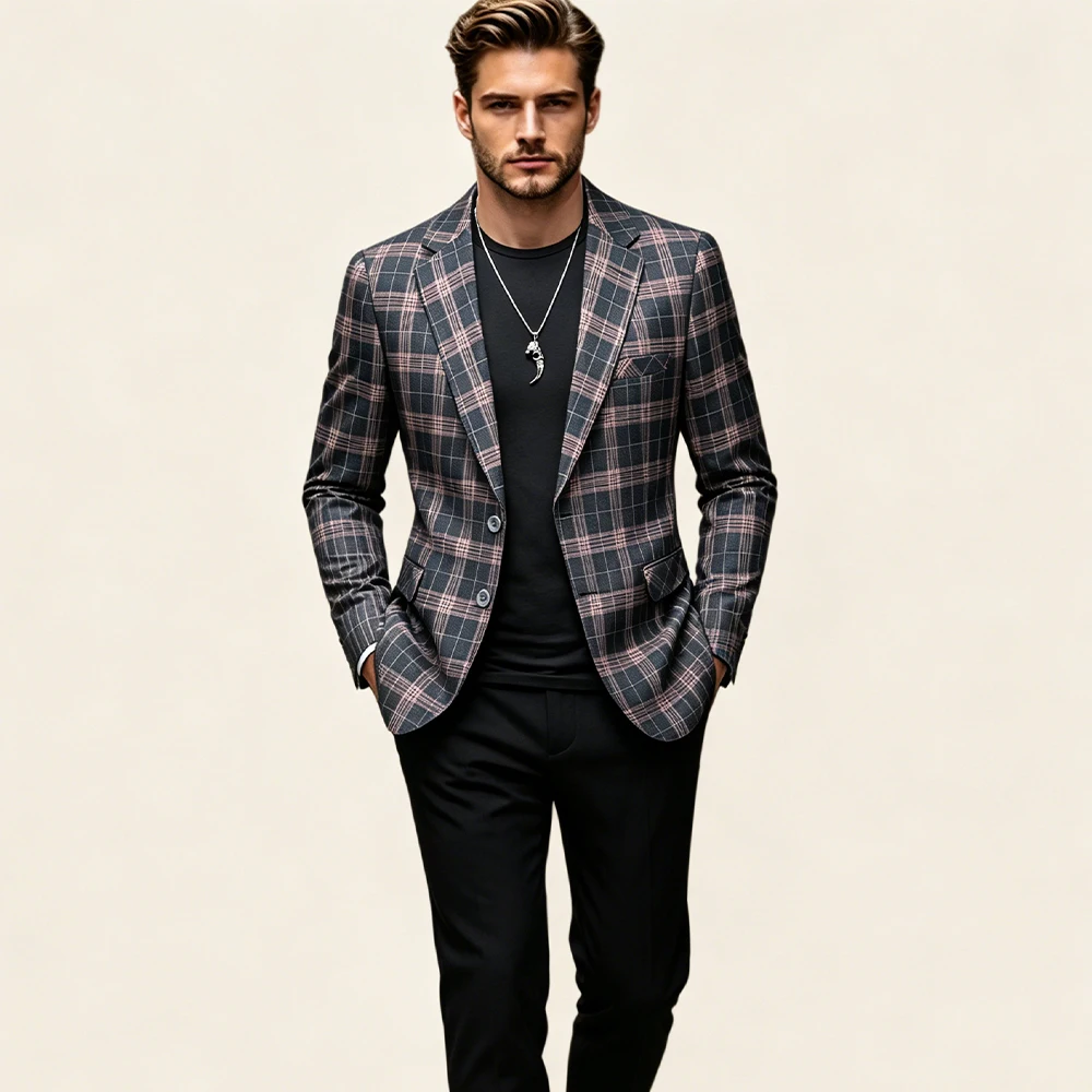 Mophiel Men's Suits and Separates Plaid Jacket with Notched Lapel One Button Slim Fit Business Office Single Coat Customized