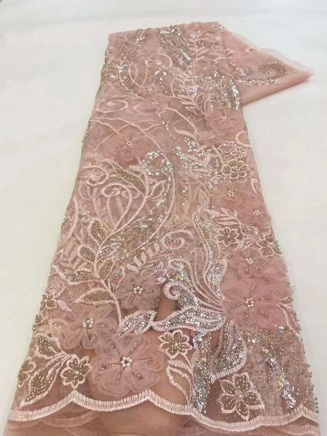 

Luxury Peach African Embroidered Flower Beaded Tulle Fabric T570