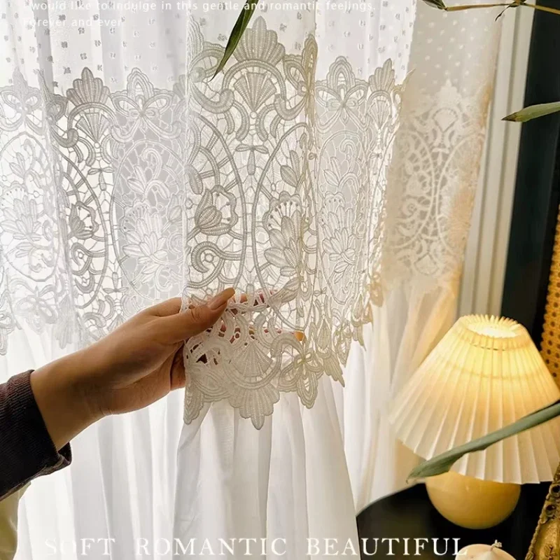 

White Lace Tulle Splicing Chiffon Screen Curtains for Living Room Partition Bedroom Balcony French Window Curtains Customize