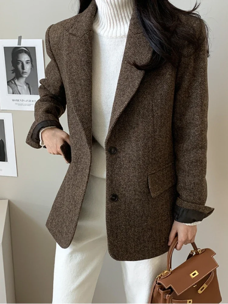 

Осенне-зимняя одежда, новый стиль, однотонная универсальная куртка с длинными рукавами для женщин, офисные женские пальто с отложным воротником на пуговицах