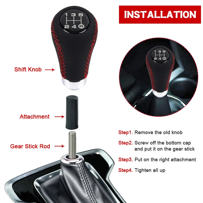 Universal Car Manual Gear Shift Knob Shifter Black Leather Black Stitch 5/6 Speed Manual Transmission Shift Knob
