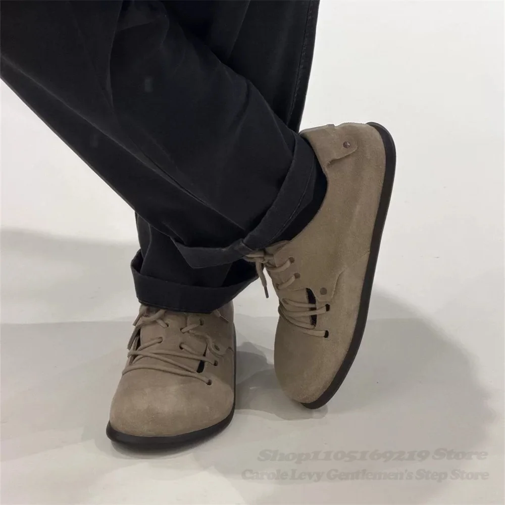 Suede Distressed Flat Loafers Retro Men Round Toe Casual Style Lace Up Comfortable Solid Color 2026 Autumn New Single Shoes