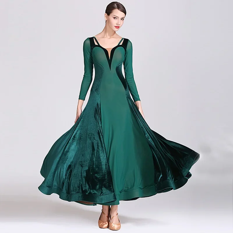 

green ballroom dress women red tango dress rumba dance costumes dance wear velvet long dress fringe ball dress waltz dancewear