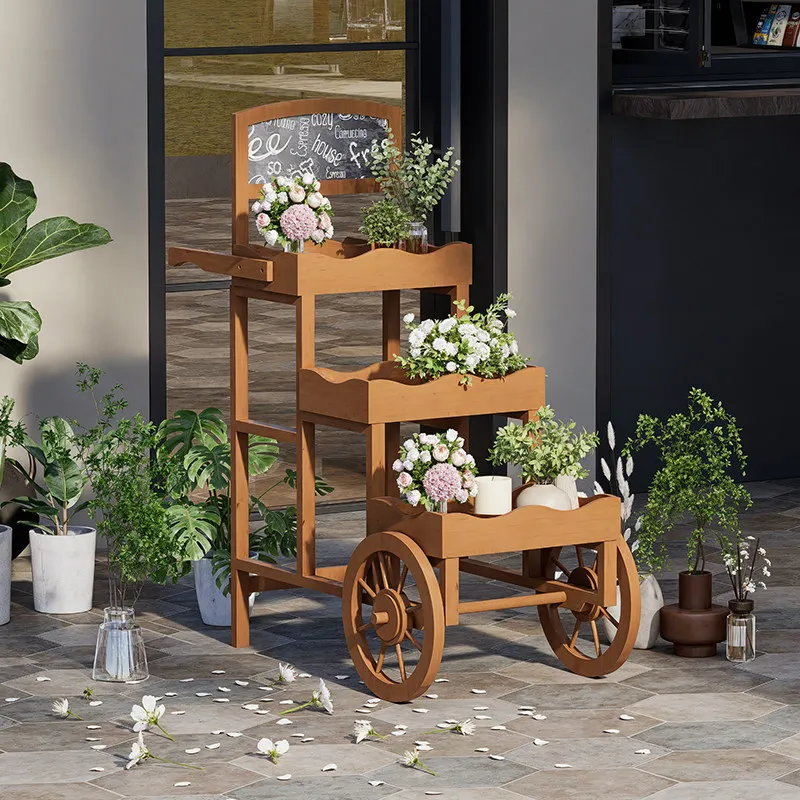

Indoor flower stand decorative ornaments solid wood courtyard garden creative flower stand cart merchandise display rack multi-l