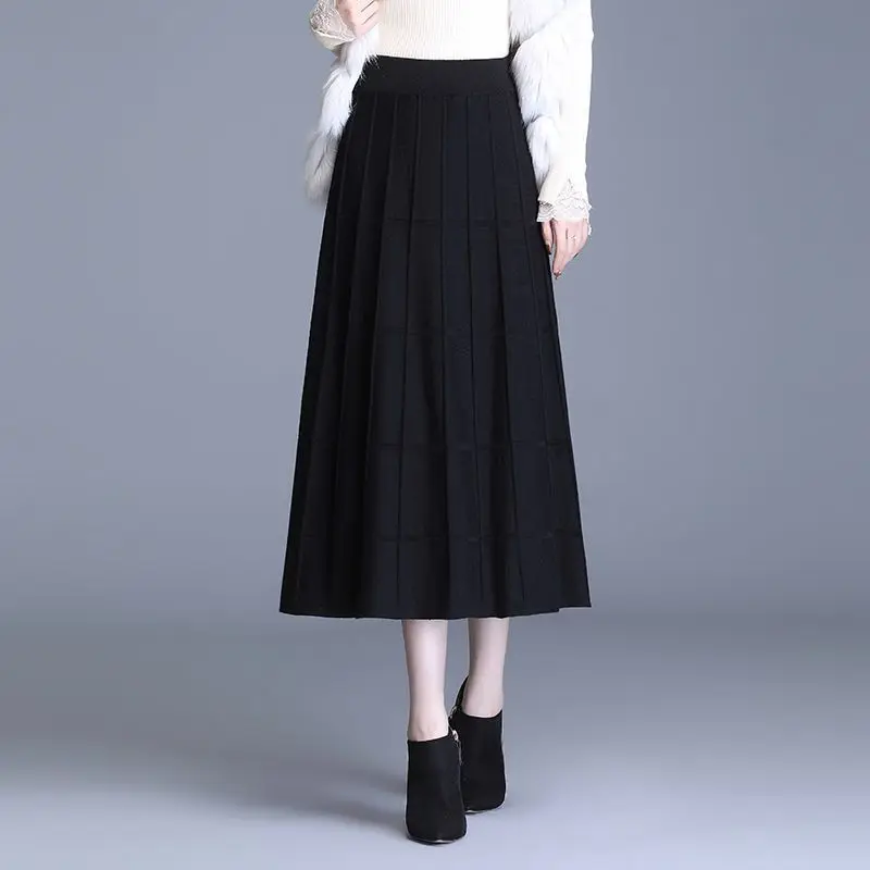 

Женская черная плиссированная юбка миди с высокой талией, А-силуэт, повседневная, элегантная, длинная юбка
