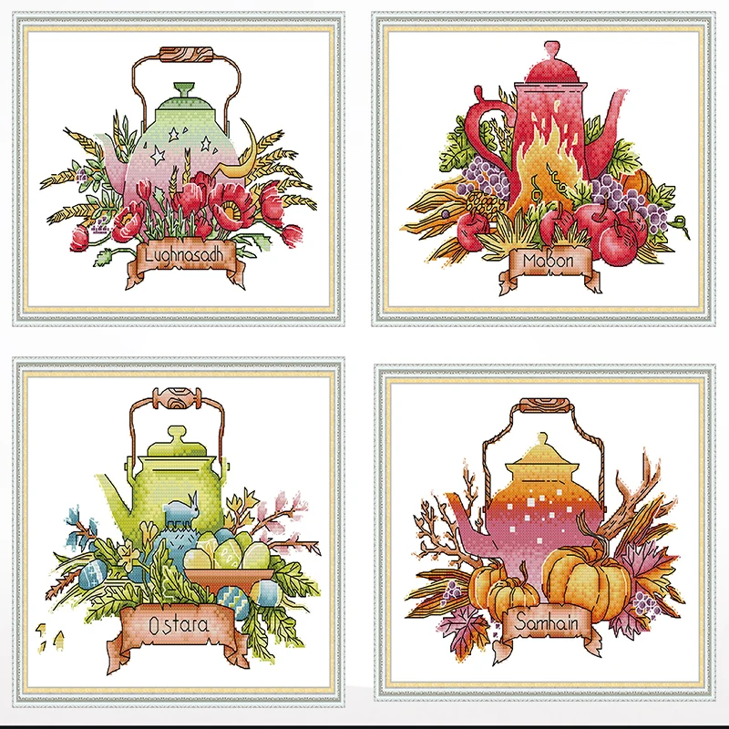 Teapot cross-stitch painting hanging in living room, 11CT/14CT hand-embroidered