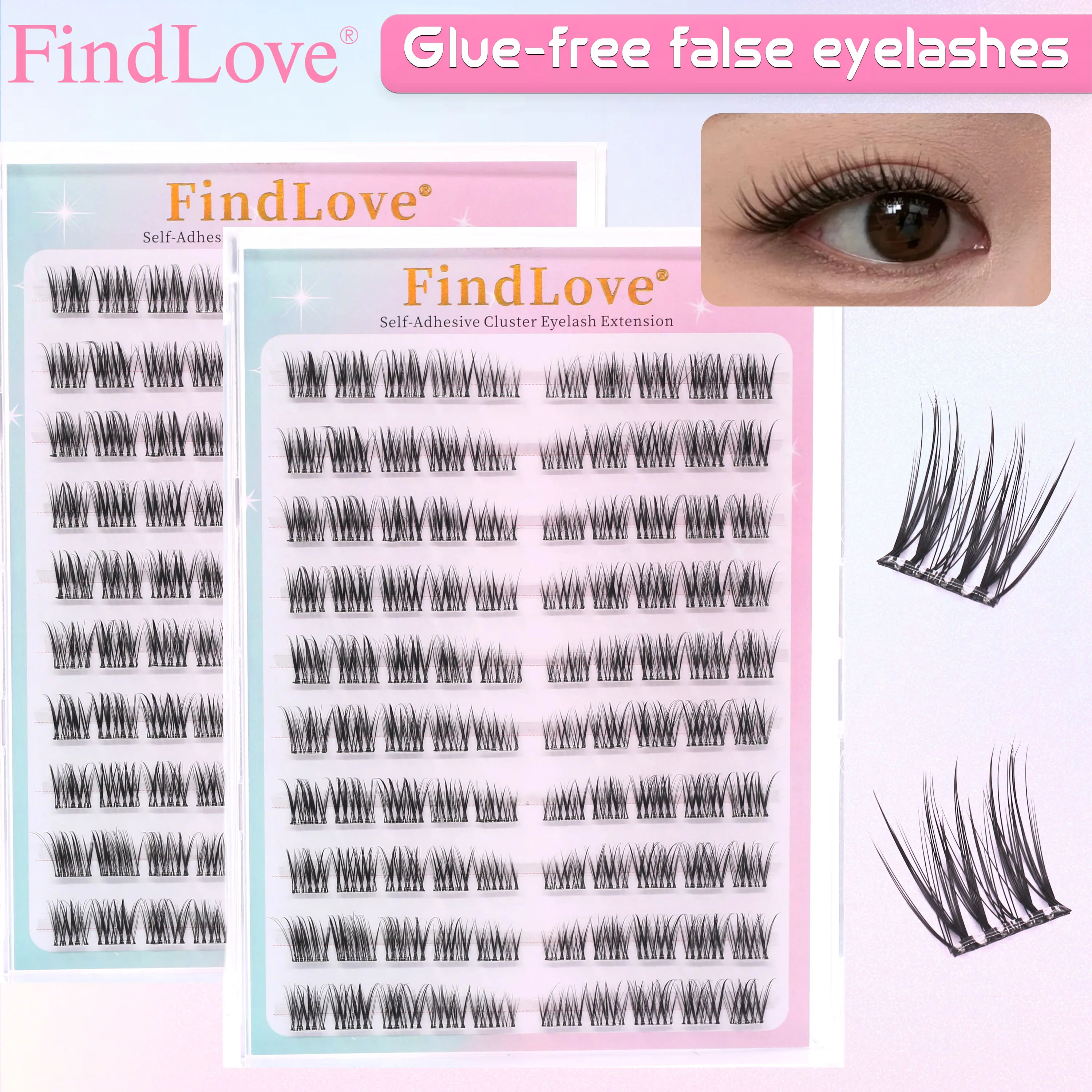 

100pcs Clusters Self Adhesive Glue Free Eyelash Extension Soft Fiber Natural And Long Style Can Reuse 2-3times Easy Wear/Remover