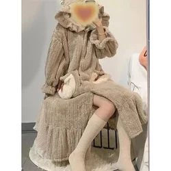 Women's Winter Bathrobe Hooded Thick Warm Ladies Flannel Dressing Gown Solid Cute Korea Style Night Wear Bath Robe for Femlae