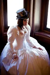 Long Sleeve Steampunk Wedding Dress Alternative Corset Bridal Gowns White Vintage Victorian White Ball Gown Women Robe De Mariee