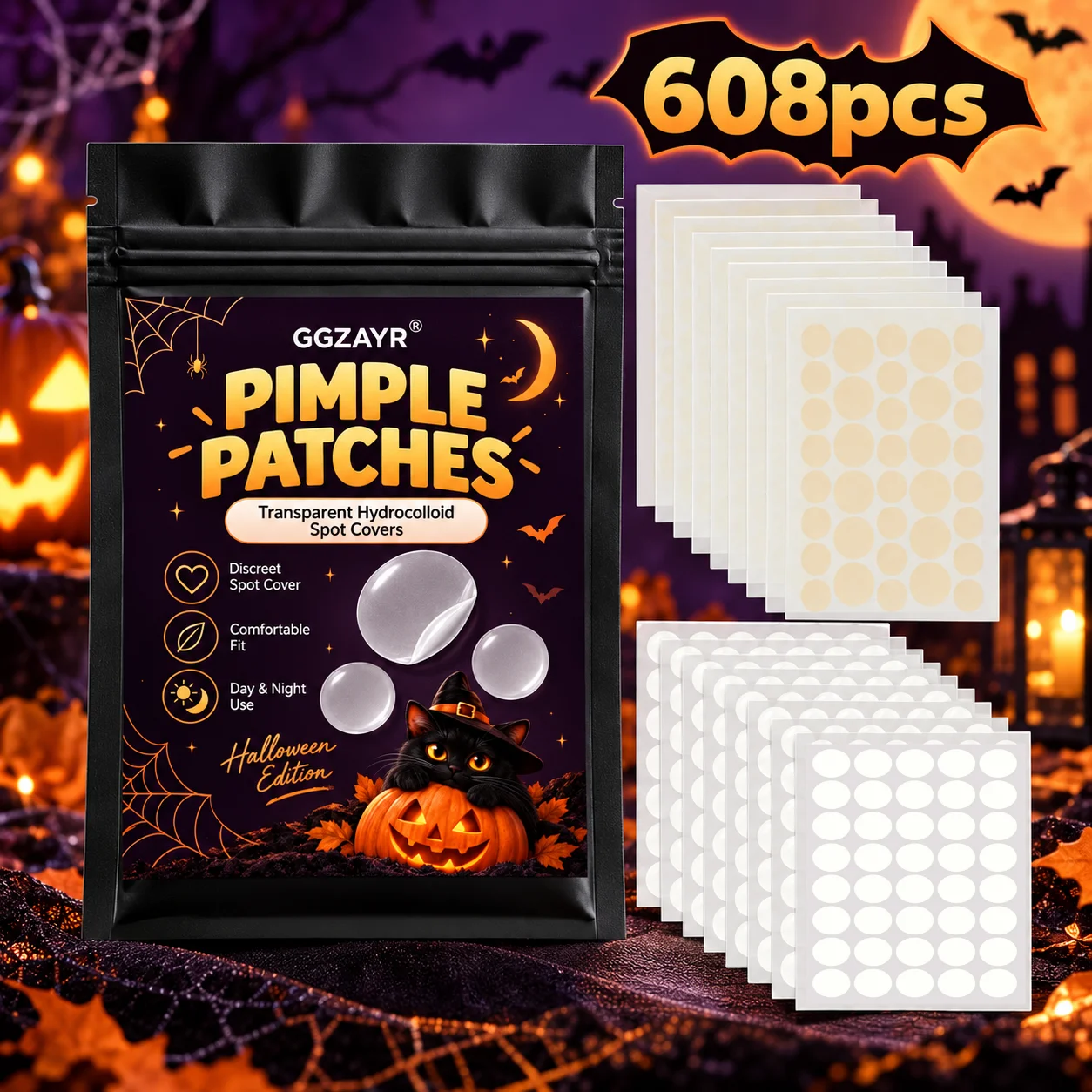608PCS Halloween Edition Pimple Patch Stickers, Transparent Hydrocolloid Spot Cover Set, Cute Beauty Accessories for Party Seaso