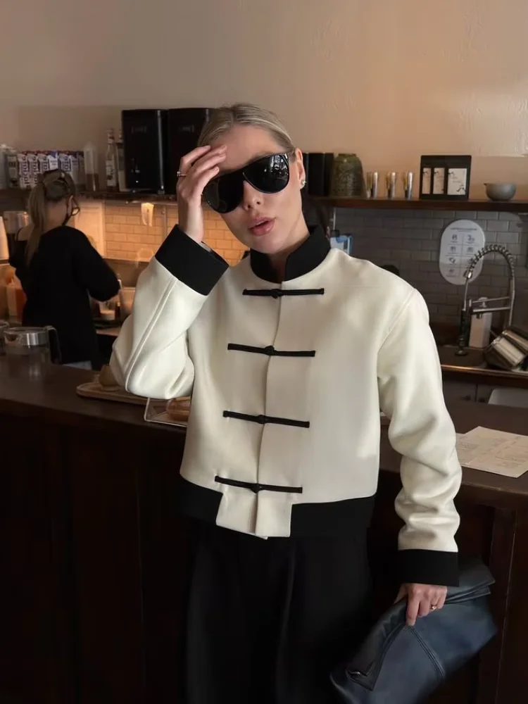 

White Chinese Frog Button Women Jacket Fashionblack Trim Long Sleeve Loose Fit Coat 2026 Lady Chic Casual Daily Streetwear Tops
