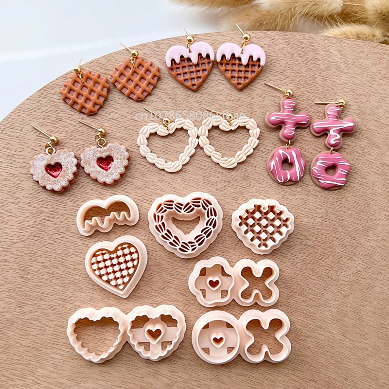 Valentines Cookie Waffle Heart Polymer Clay Cutters Lovely XOXO Donut Biscuits Shaped Pottery Dangle Clay Earrings Cutting Tools