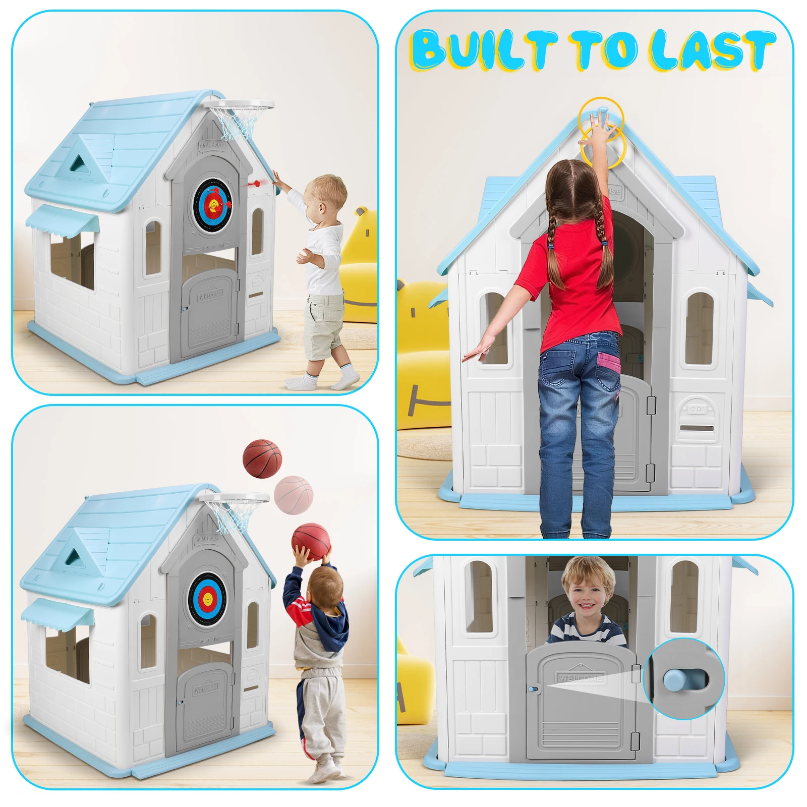 Kids Playhouse with Basketball Hoop Dartboard Garden Games Cottage (Light Blue)