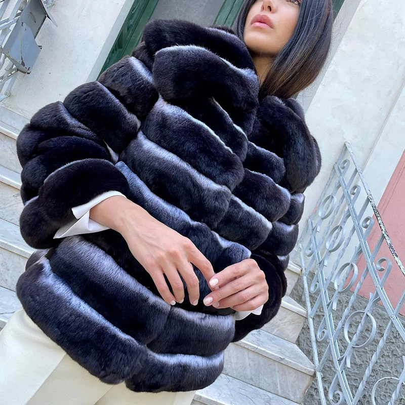 

Genuine Rex Rabbit Fur Jackets Women Luxury Tide Lapel Long Sleeve Outertwear Natural Rex Rabbit Winter Real Fur Coat Female