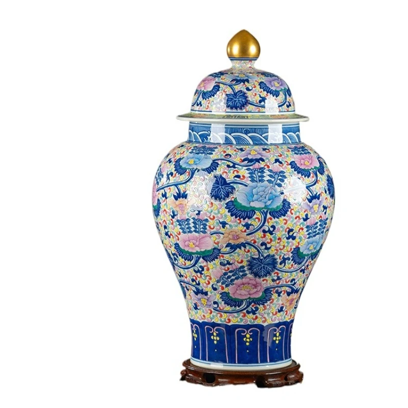 Jarro general pintado a mano, adornos, jarrón de cerámica Jingdezhen, sala de estar china, estante Bogu, tarro de almacenamiento para mueble de TV grande
