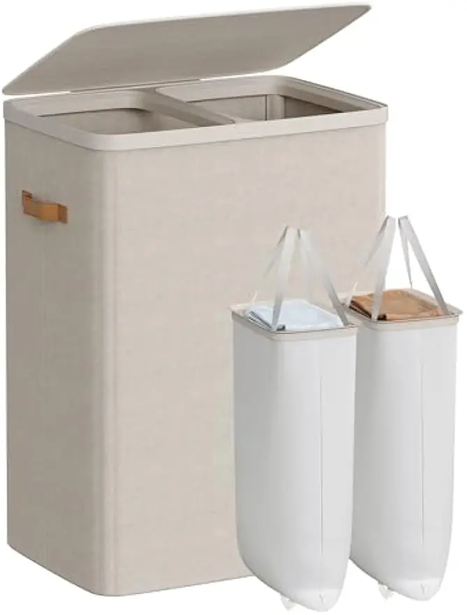 

44.9 Gal Laundry Basket with Lid, 2 Compartments for Sorting, Easy Assembly and Removable Liners, Beige