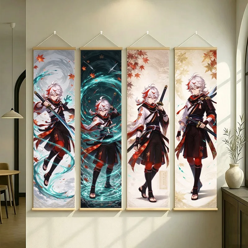 Hanging Scroll Wall Art of Genshin Impact Kaedehara Kazuha with Red Maple Leaves on Silver Shimmer Canvas for an Anime Bedroom