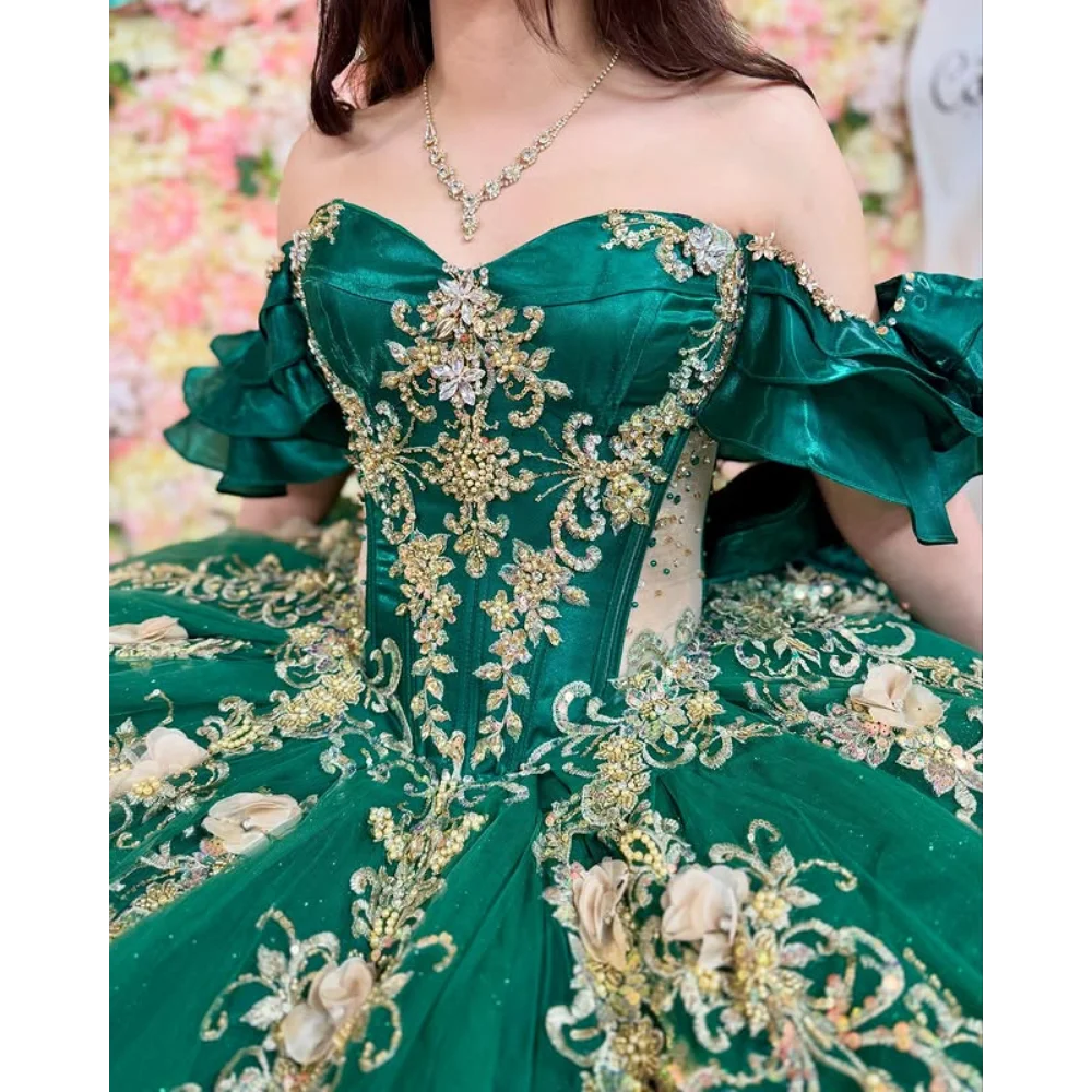 Novo verde glitter princesa quinceanera vestido de baile com apliques contas capa doce 16 vestido de festa de aniversário personalizado 2025