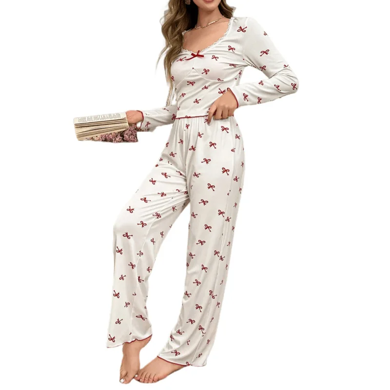 Pajama Set for Women Spring Fashion Bow Tie Long-Sleeved Long Pants Printed Stretch Comfortable Casual Home Clothes