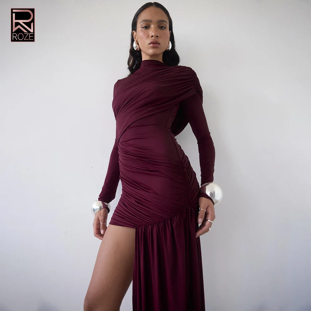 Sukienka bodycon w jednolitym kolorze - okrągły dekolt, marszczona, długi rękaw, z wiązaniem.