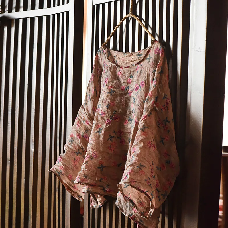 Women Oversize Vintage Ramie O-Neck Top and Shirts Female Print Floral Long Sleeve High Quality Clothes 2025 Spring Women Shirts