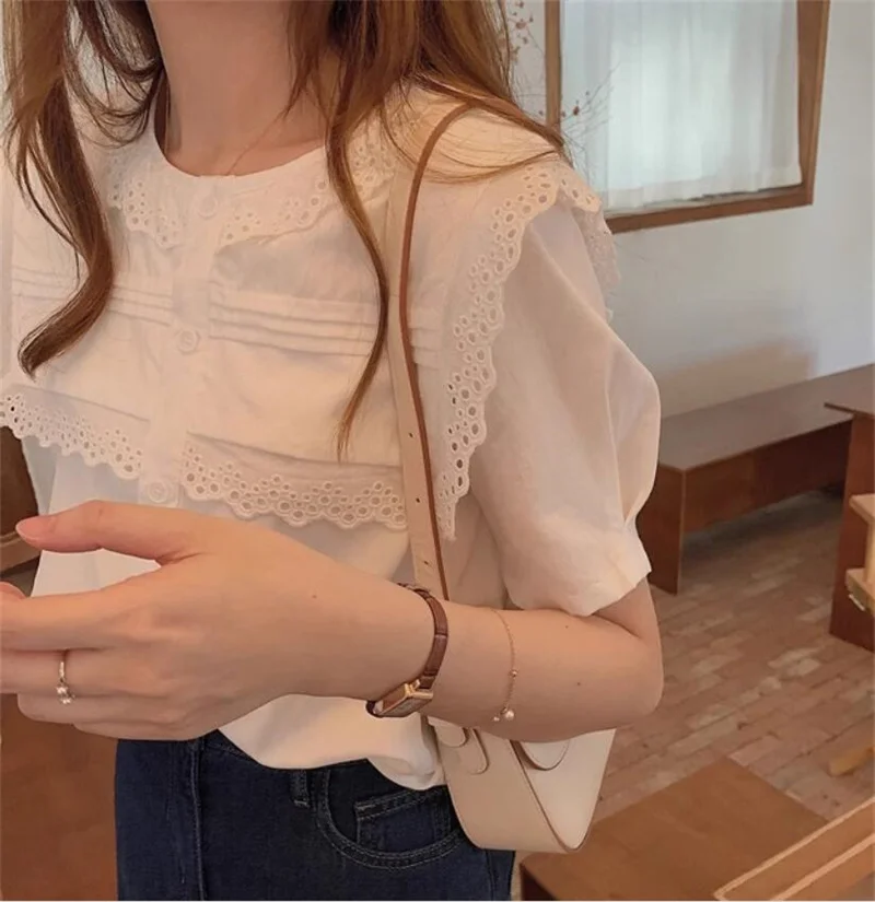 ZAROY camisas قمصان وبلوزات White Blouse Women Shirts blusas Button Up Shirt Ruffles O-neck Fashion Short Sleeve Casual Tops