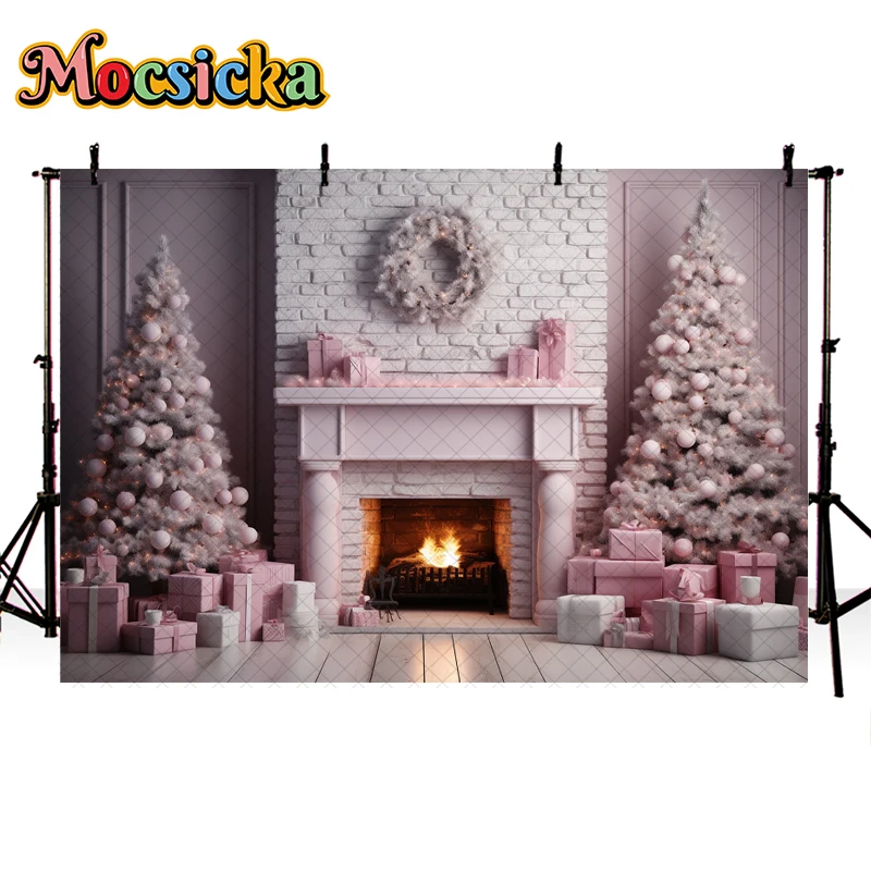 Arrière-plan de photographie de cheminée de Noël rose d'intérieur, toile de fond de portrait de famille pour enfants et adultes, arbre de Noël, boîte-cadeau, accessoires de décoration de couronne