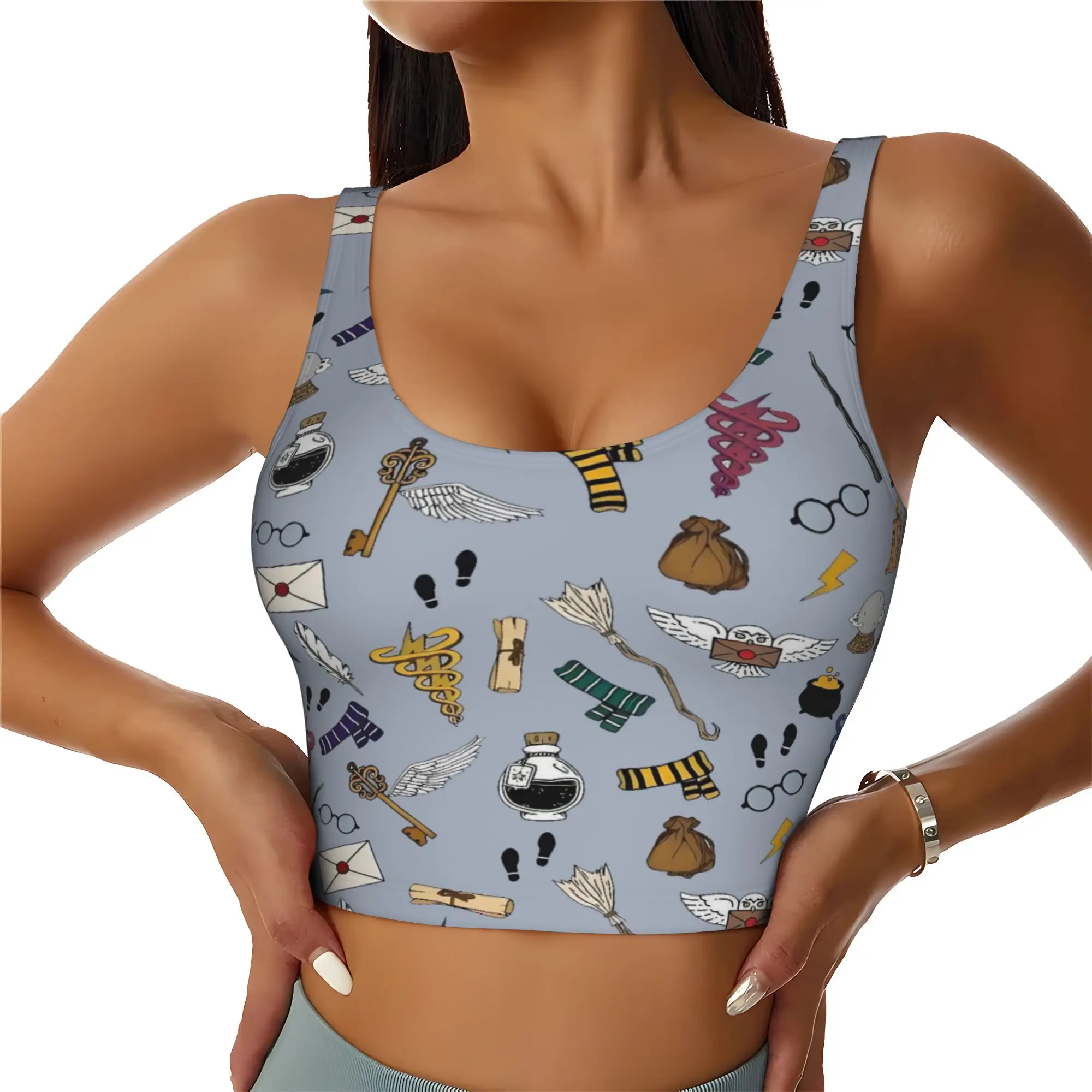 Custom Women H-Harryed Cartoon Sports Bra Magic School High Impact Gym Workout Yoga Crop Tank Tops