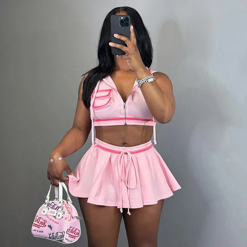 Autumn Hoodie Tops 2 Piece Skirt Set Women Y2K Streetwear Sexy Crop Tops Jackets Pleated Cute Two Piece Set Skirts Wome