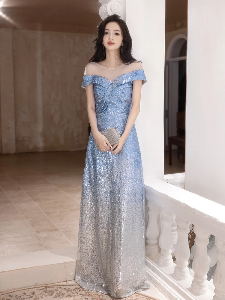 

Синее вечернее платье с одним открытым плечом, расшитое пайетками, для церемоний, торжеств, тостов, длинное, сексуальное, для свадьбы