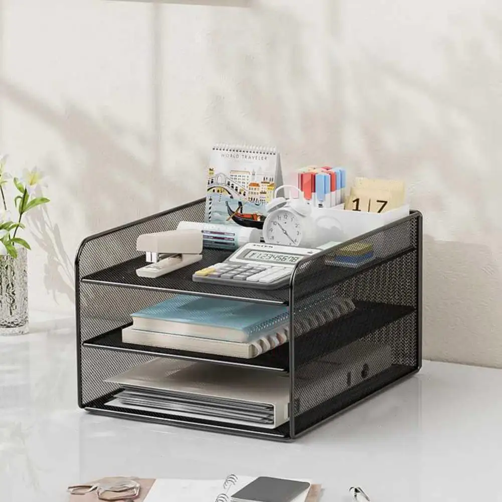 Desktop File Organizer Capacity Metal Mesh Desk Organizer with Three Layer Design Multifunctional File Holder Paper Storage Rack
