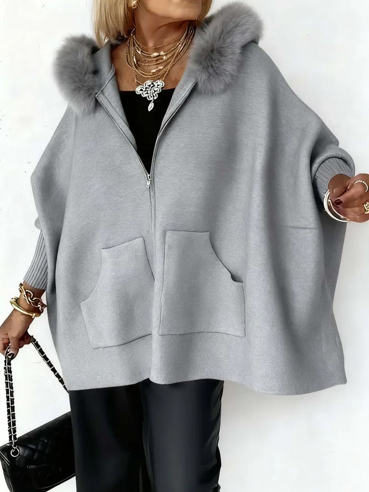 가을 겨울 신상 여성 시크 출퇴근 아우터 패션 퍼 후드 롱 슬리브 가디건 우아한 여성 단색 루즈 코트