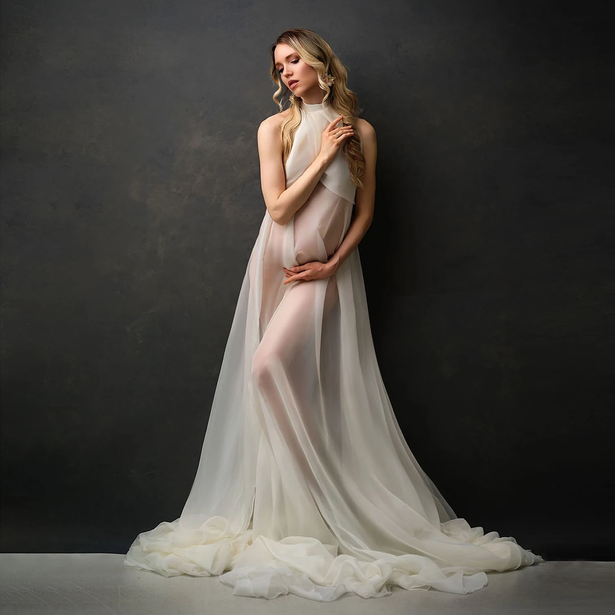 Vestido de maternidad de gasa transparente marfil para sesión de fotos, vestidos de maternidad transparentes con cuello alto personalizados, vestido de Babyshower con ilusión