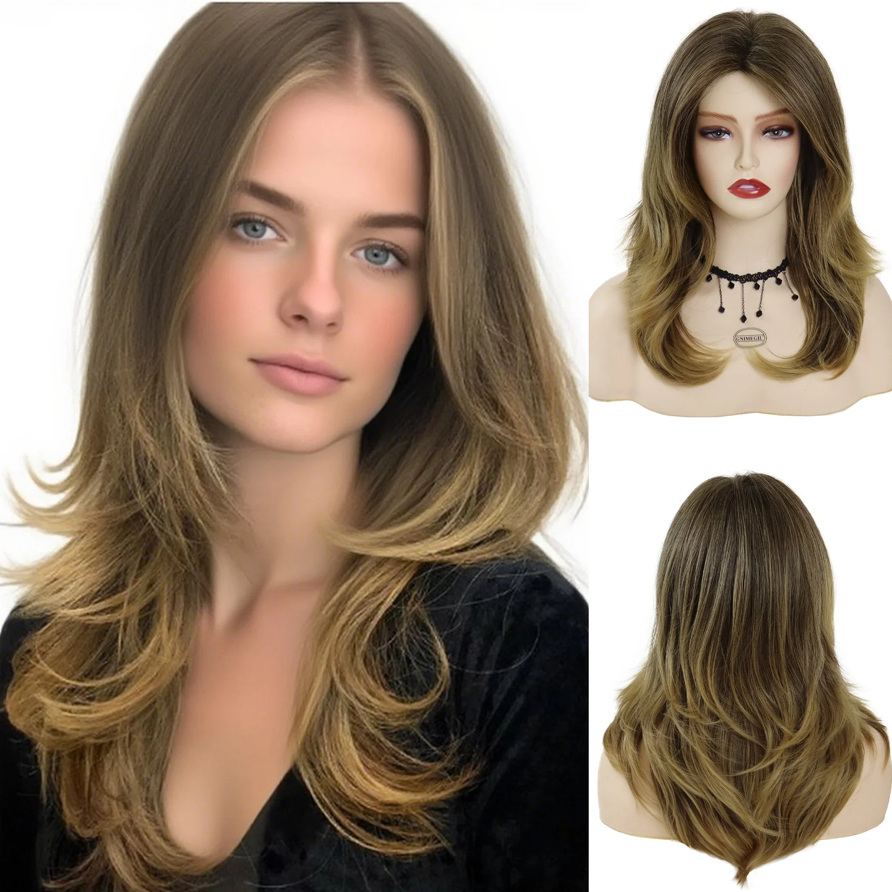 

Women's Mixed Brown Wig Synthetic Long Wave Wigs for Women Middle Parting Hair Heat Resistant Daily Cosplay Costume Party Use