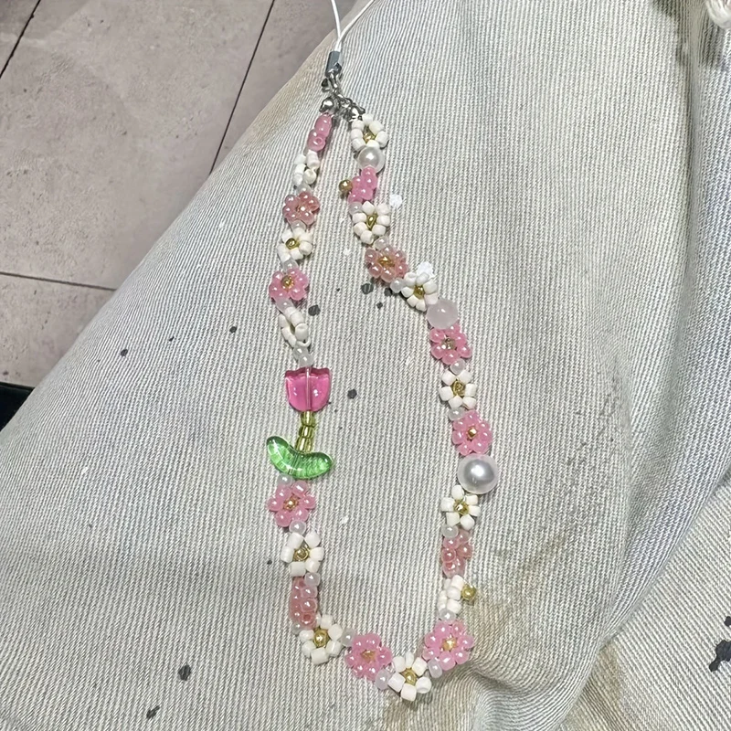 Korean Cute Pink Green Flower Beaded Phone Charms Chain For Phone Accessories Phone Strap Anti-Lost Sweet Lanyard Hanging Rope