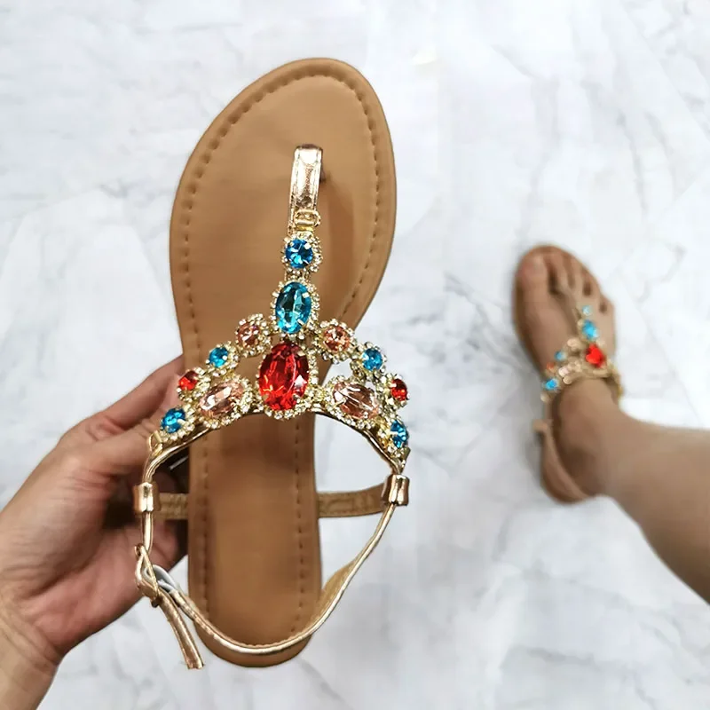 2024 Summer Glodiator Women Sandals Colored Big Diamond Party Shoes Rhinestone Decoration Simple Comfort Casual Woman Sandalias