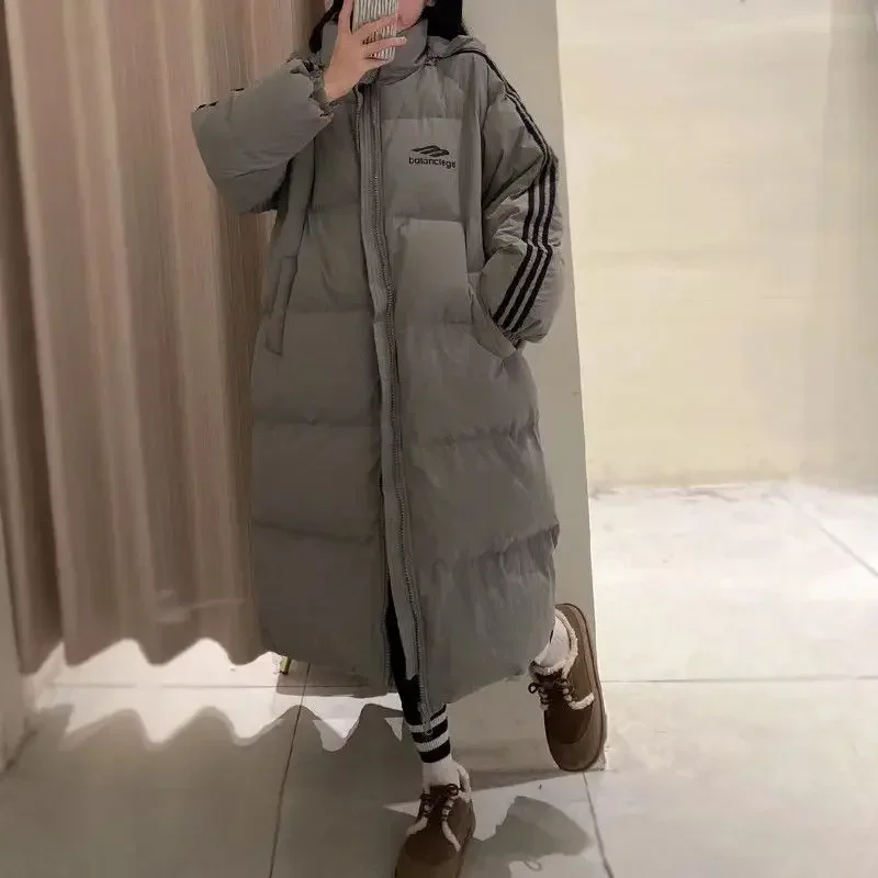 New Three-bar Down Padded Jacket, Student Medium and Long Knee Padded Jacket 2024 Korean Version Loose Winter Jacket