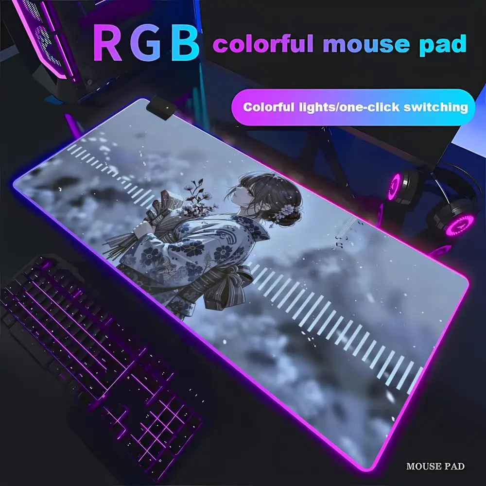 HYBXAXC Anime Japanese Kimono Snow Hug Mouse Pad Aesthetic Desk Mat for Office Beautiful RGB Gaming Mouse Pad HD Gamer LED Light