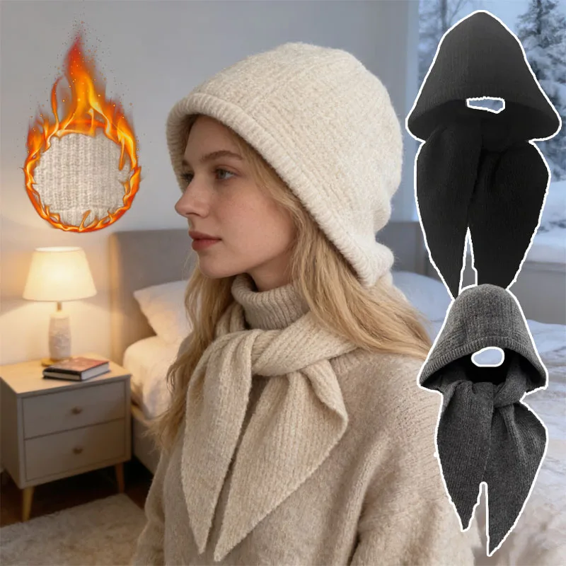 Koreanischer Kapuzenschal All-in-One Strickmütze Damen Winter Kopfbedeckung Ohrenklappenschal Gesichtsschutzmütze