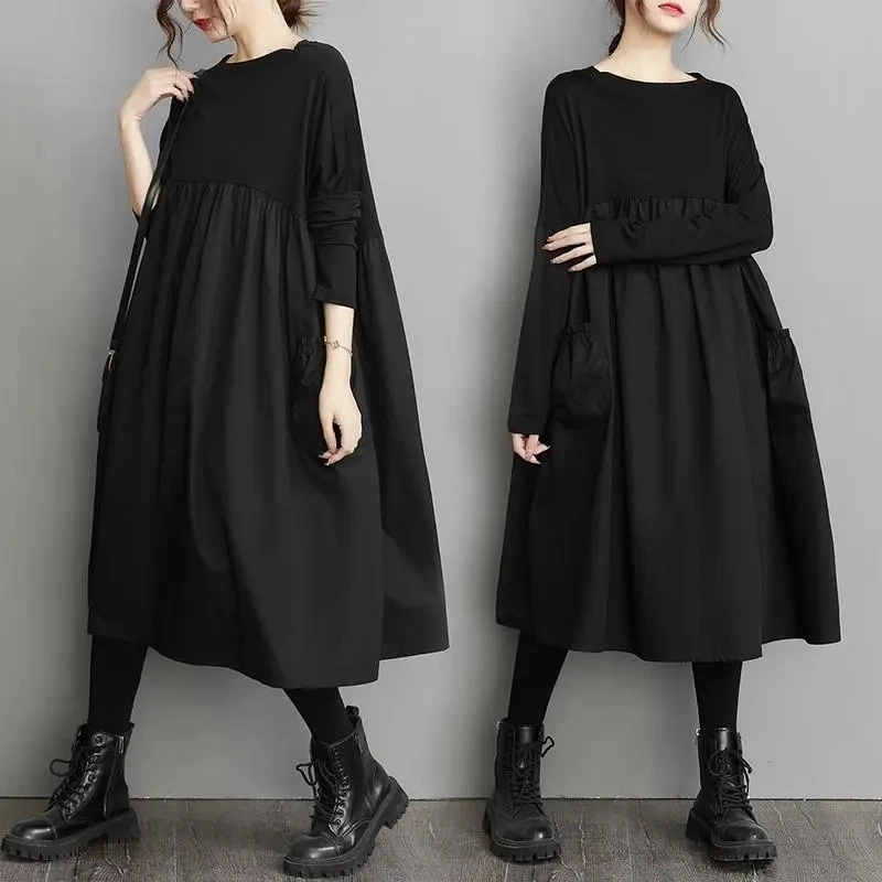 Black Miss Dress Spring Autumn 2024 New Women's Clothing Loose Fat  Female Cover Abdomen High Waist Show Thin Ladies Dress