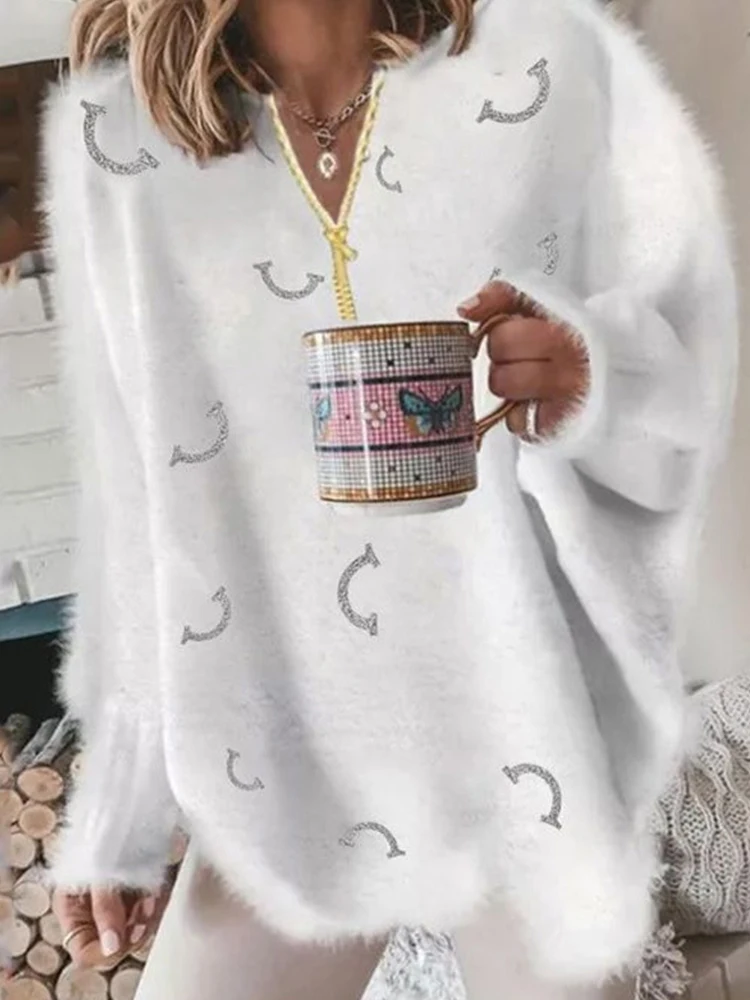 

Women's V Neck Long Sleeve Sweater Casual Loose Fit Pullover Sexy Zipper Warm Knit Printed 2024 Fashion Trend for Women