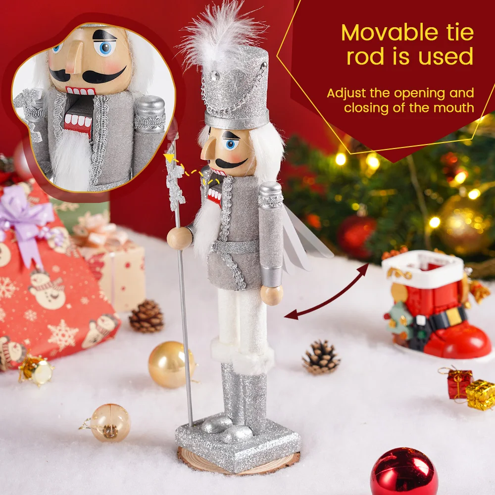 

38CM SLIVER Christmas Nutcracker Puppet Statue Santa Claus Wooden Toy Decoration Wooden Handicrafts Art Gift Christmas Eve Party