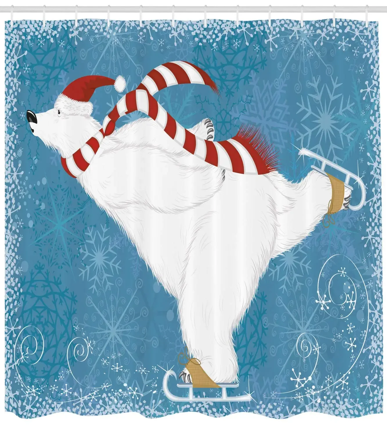 Polar Bear with Christmas Hat and Scarf Ice Skating Ornamental Snowflakes and Swirls Fabric Bathroom Decor