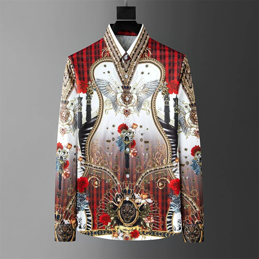 

Fashion Men's Luxury Retro Print Shirt Crown Diamond Casual Social Shirt Long Sleeve Slim Fit Business Party Dress Shirt XS-6XL