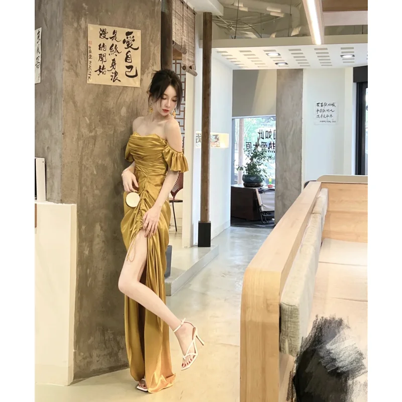 Summer Golden Dress Wome Straps Dress Sleeveless Sexy Korean Fashion Swinging Collar Suspender Satin Slit Mid-length Skirt Dress