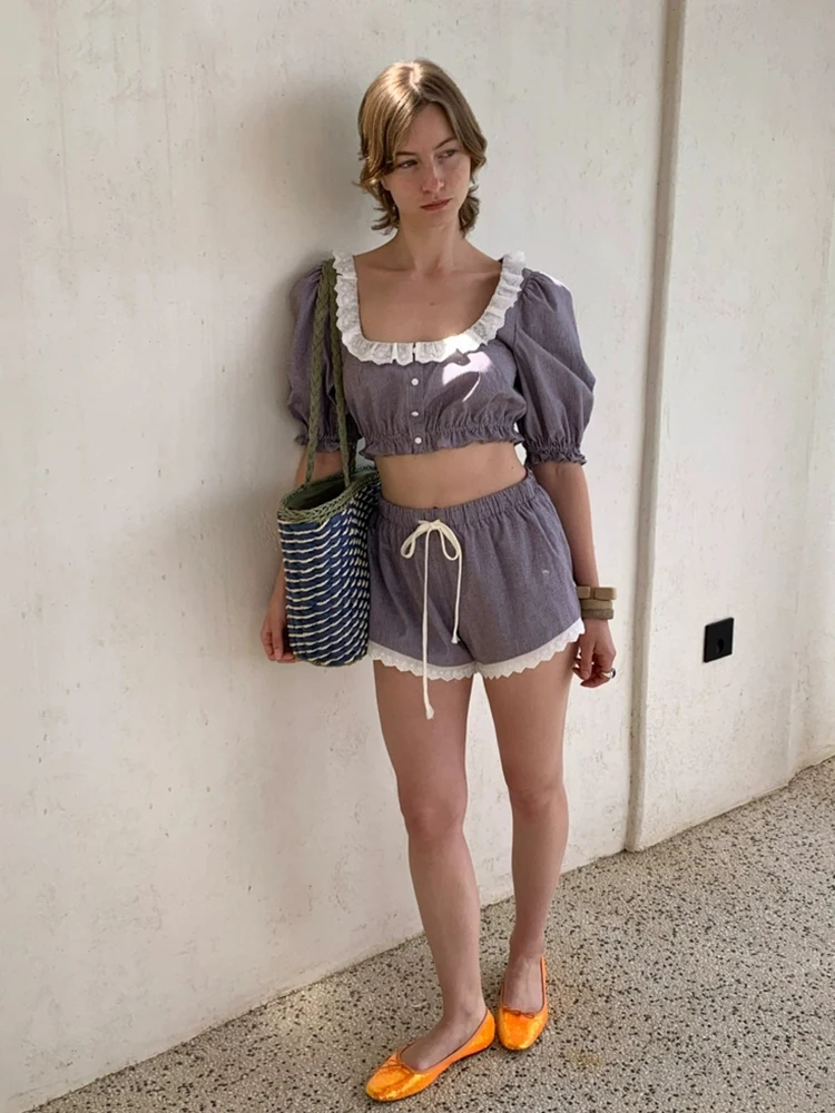 RORIRI التباين غرزة الدانتيل تقليم السراويل النساء مجموعة نفخة الأكمام قميص الرباط عارضة واسعة السراويل صالة عطلة الملابس #5