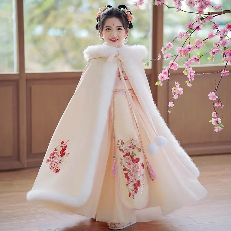 

Winter Hanfu Poncho Girls Coats Long Cape Children's Tang Clothes Outerwear Ancient Costume Kids Cloak Jacket New Year Clothing