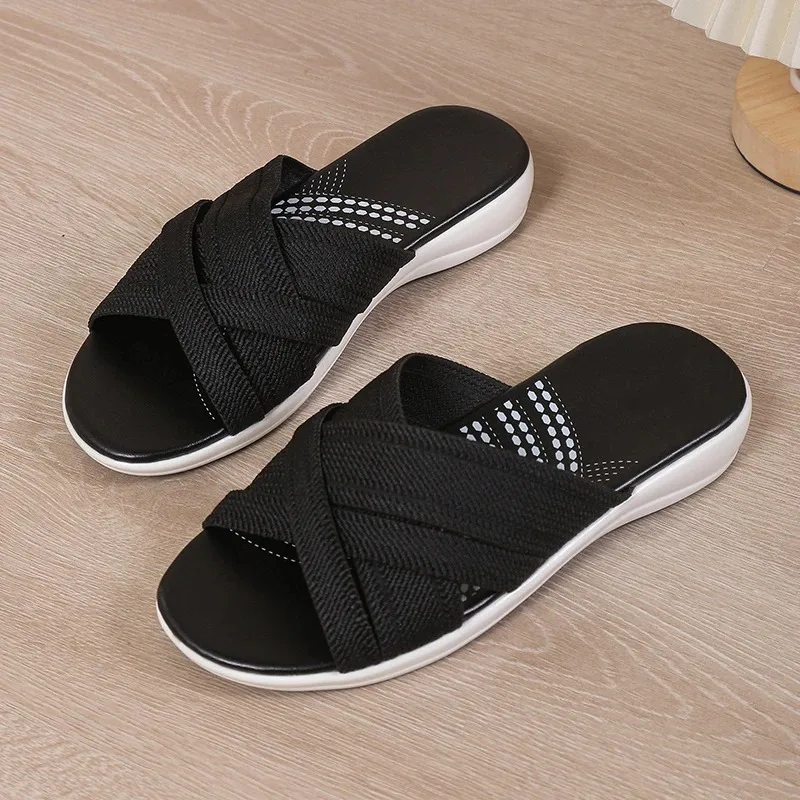 Summer Casual Slippers Mixed Colors Stripe Elastic Band Lightweight Wedges Casual Slippers Women Soft Thick Sole Casual Slippers