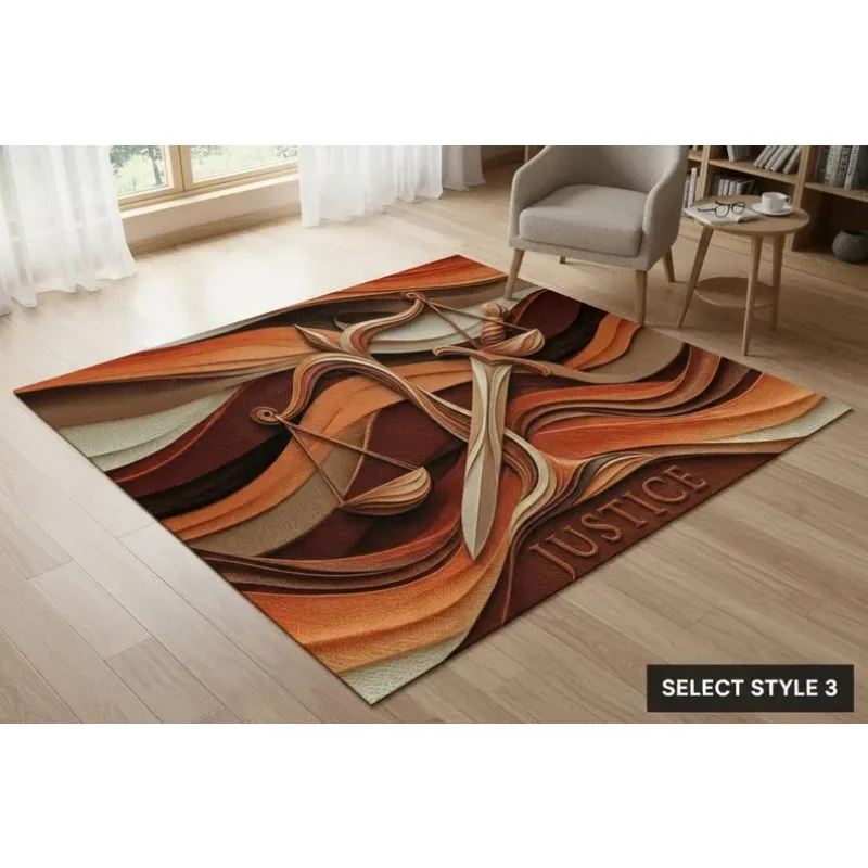 سجادة متدرجة برمز العدالة، سجادة بنمط الموازين والسيف على شكل برتقالي ممزق، سجادة أرضية مطرزة لديكور مكتب القانون